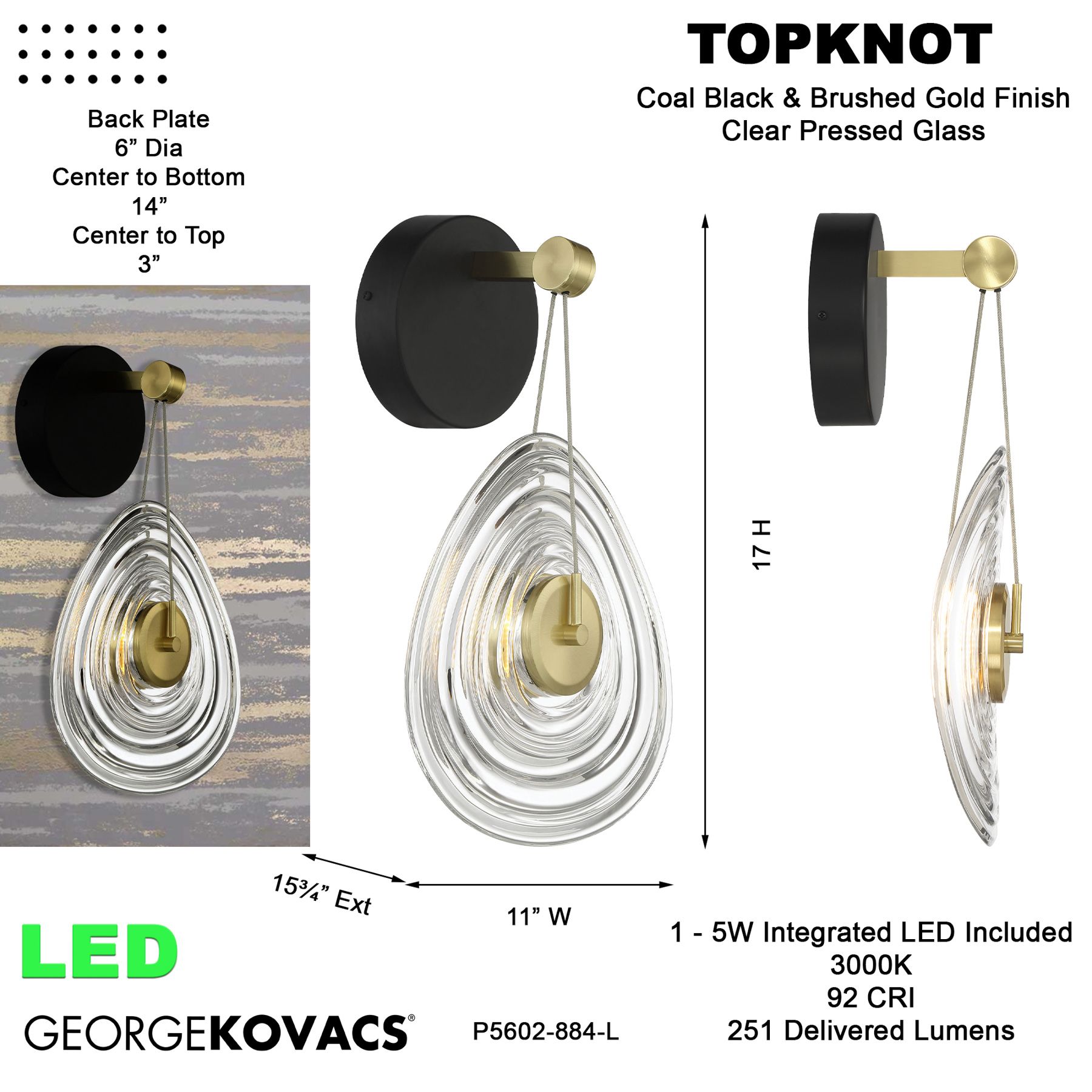 George Kovacs Topknot 1-Light LED Black and Brushed Gold Wall Sconce