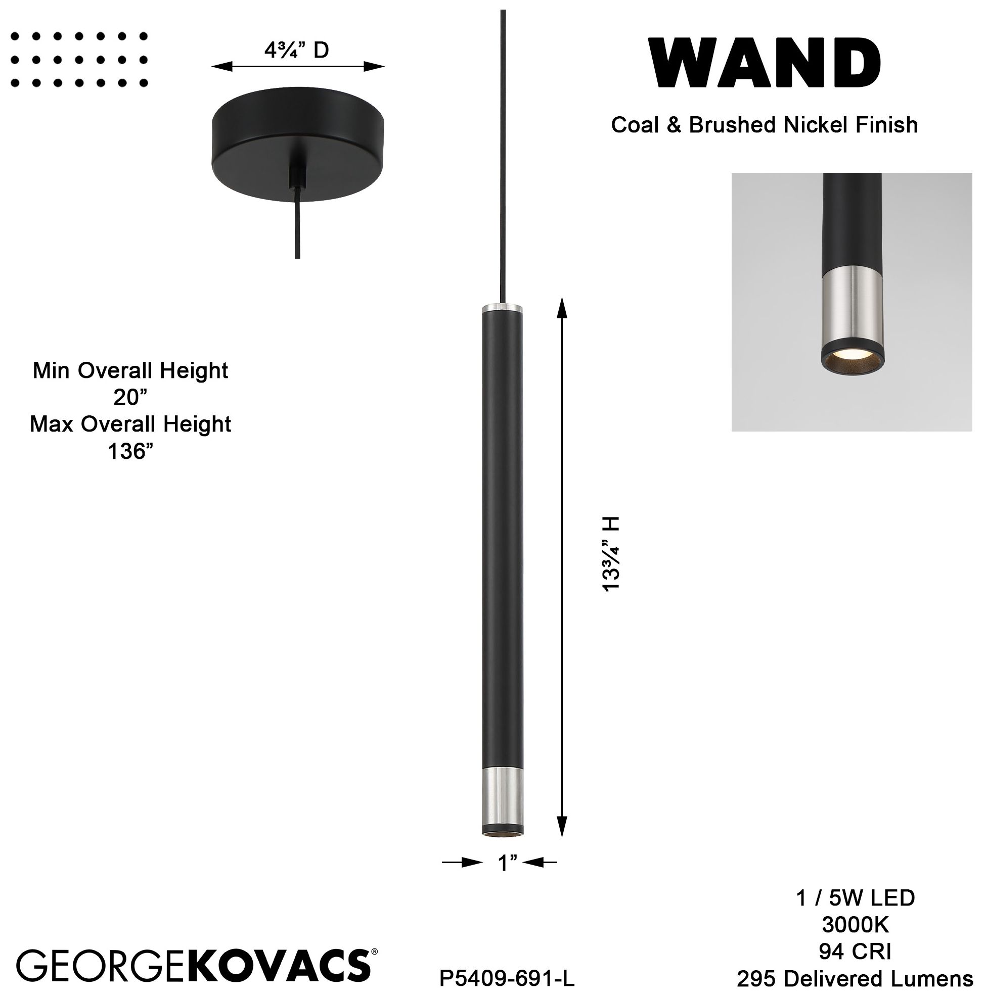 Image 6 George Kovacs Wand LED Coal with Brushed Nickel Mini-Pendant more views