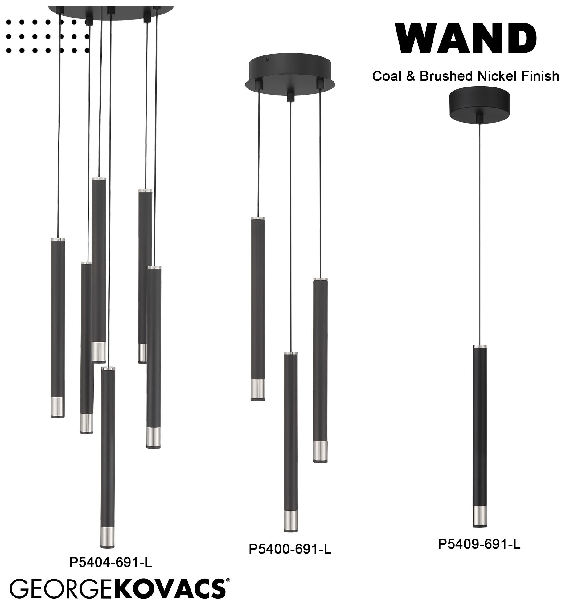 George Kovacs Wand LED Coal with Brushed Nickel Mini-Pendant