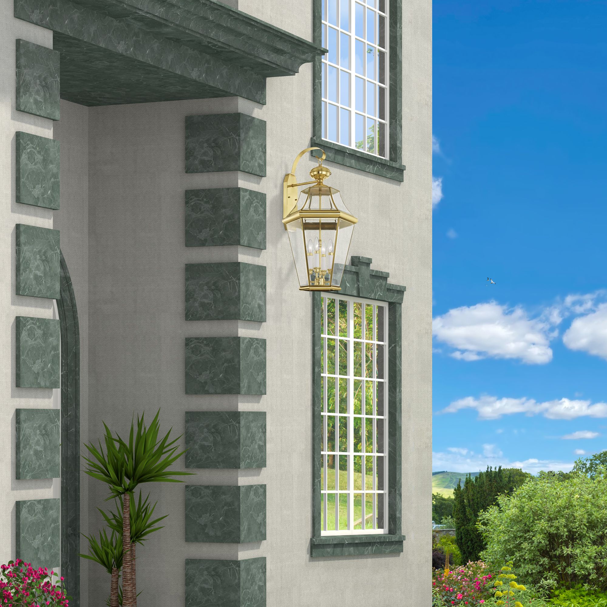 Georgetown 30"H Polished Brass Outdoor Lantern Wall Light in scene