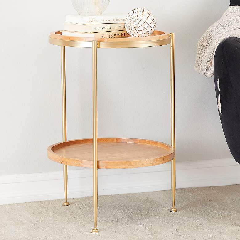 Image 1 Georgette 17 1/4"W Brown Wood Gold Metal Round Accent Table