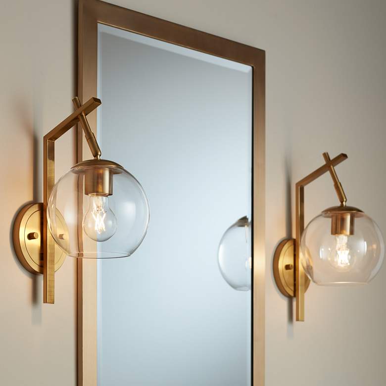 Image 1 Georgia 14" High Antique Brass and Glass Wall Sconce Set of 2