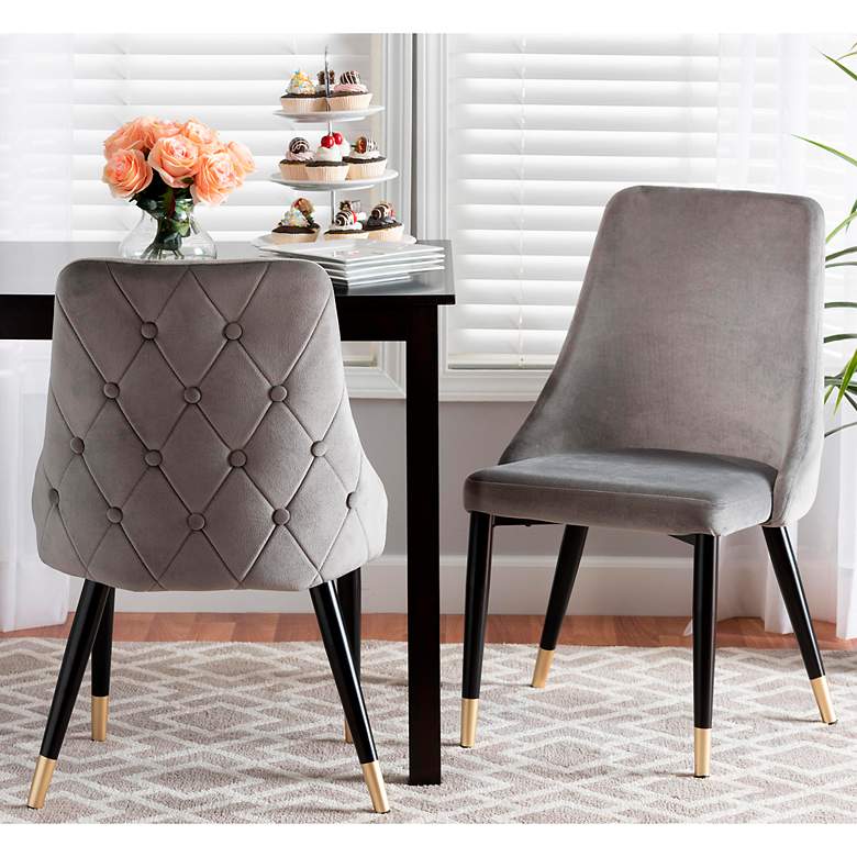 Image 1 Giada Gray Velvet Fabric Tufted Dining Chairs Set of 2
