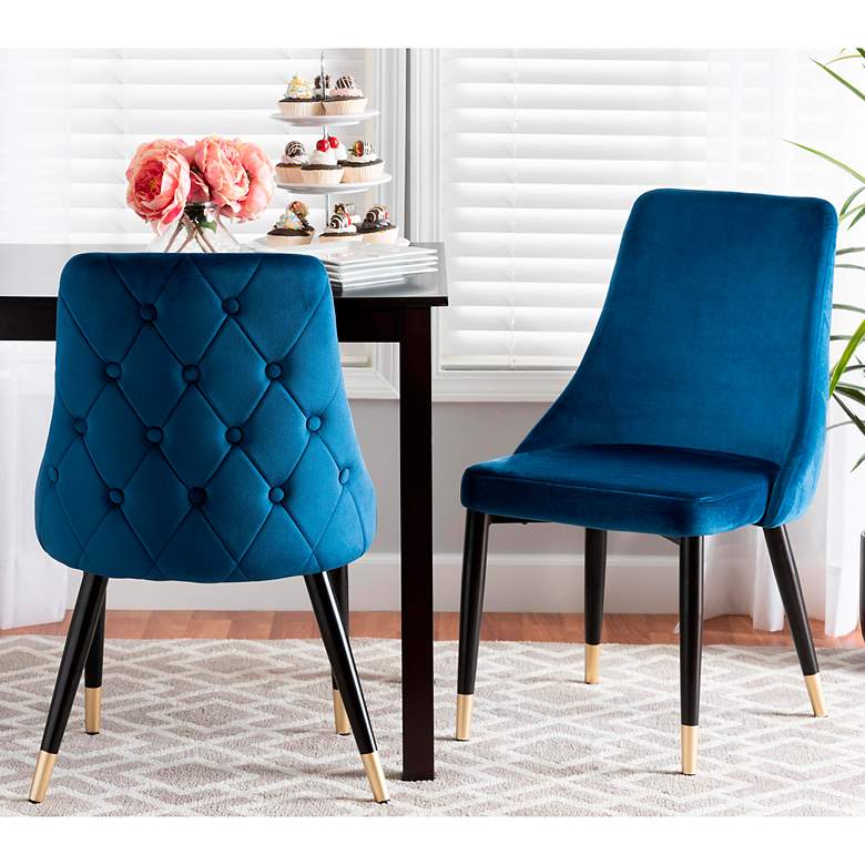 Image 1 Giada Navy Blue Velvet Fabric Tufted Dining Chairs Set of 2