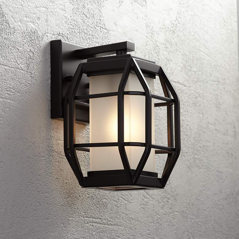 Image 1 Gibson 9 3/4 inch High Bronze Geometric Caged Outdoor Wall Light