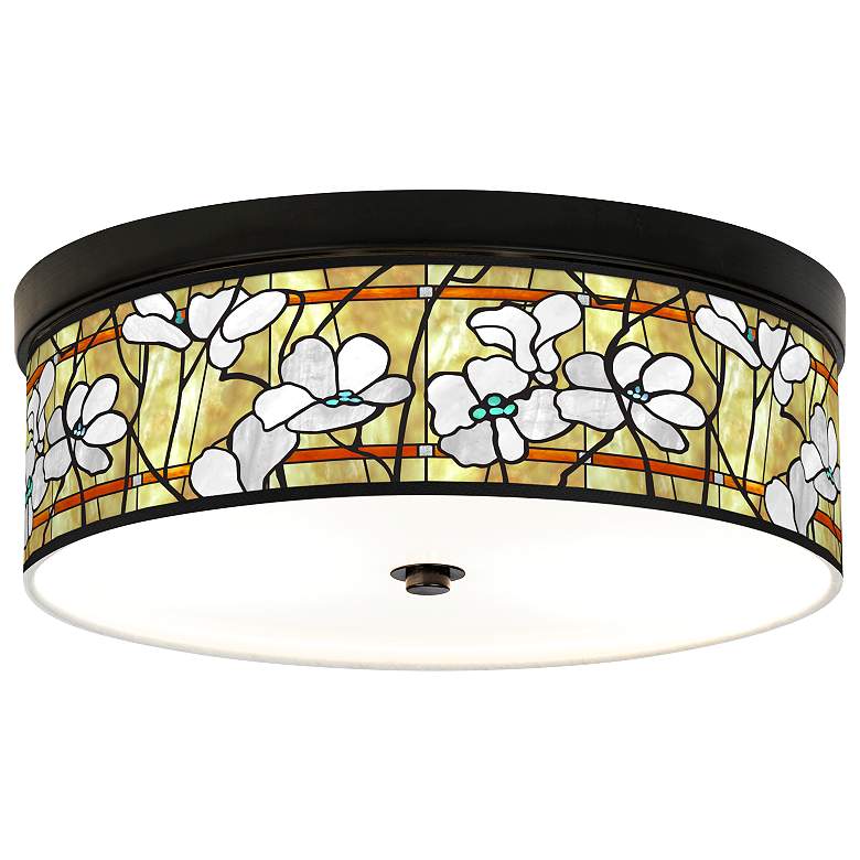 Image 1 Giclee Gallery Magnolia Mosaic Print 14" Wide Bronze LED Ceiling Light