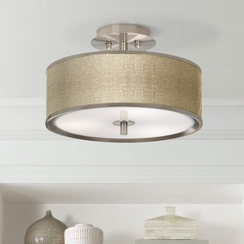 Image 1 Giclee Glow 14" Wide Burlap Print Drum Ceiling Light