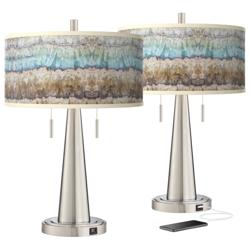Giclee Glow 23&quot; Marble Jewel Shade Brushed Nickel USB Lamps Set of 2