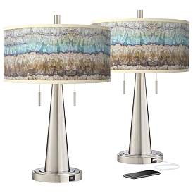 Image2 of Giclee Glow 23" Marble Jewel Shade Brushed Nickel USB Lamps Set of 2
