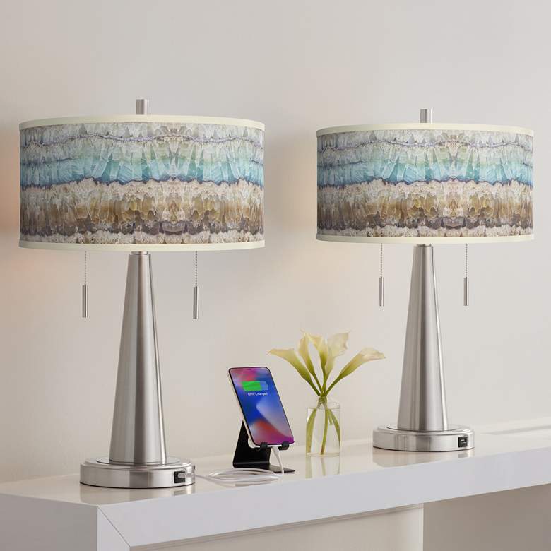 Image 1 Giclee Glow 23" Marble Jewel Shade Brushed Nickel USB Lamps Set of 2