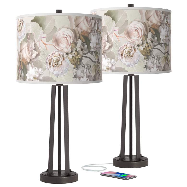 Image 1 Giclee Glow 25 1/2" Rosy Blossoms Dark Bronze USB Table Lamps Set of 2