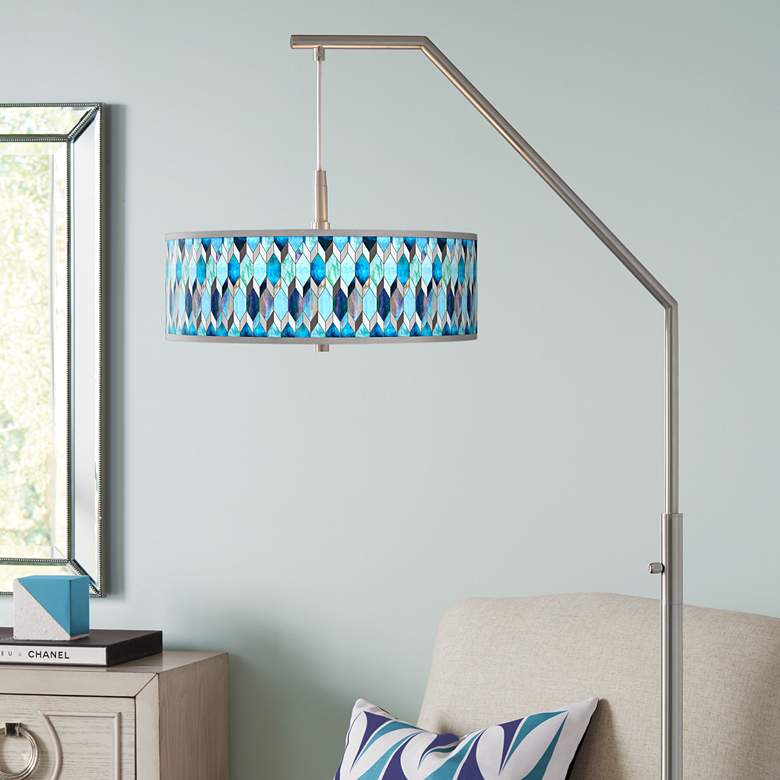 Image 1 Giclee Glow 71 1/2" Blue Diamond Pattern Giclee Shade Arc Floor Lamp