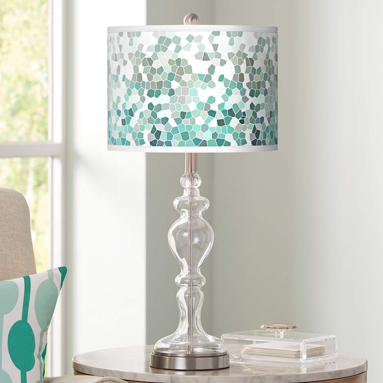 Image 1 Giclee Glow Apothecary 28" Aqua Mosaic Shade Clear Glass Table Lamp