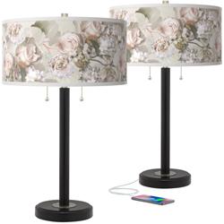 Giclee Glow Arturo 25&quot; Rosy Blossoms Shade USB Table Lamps Set of 2