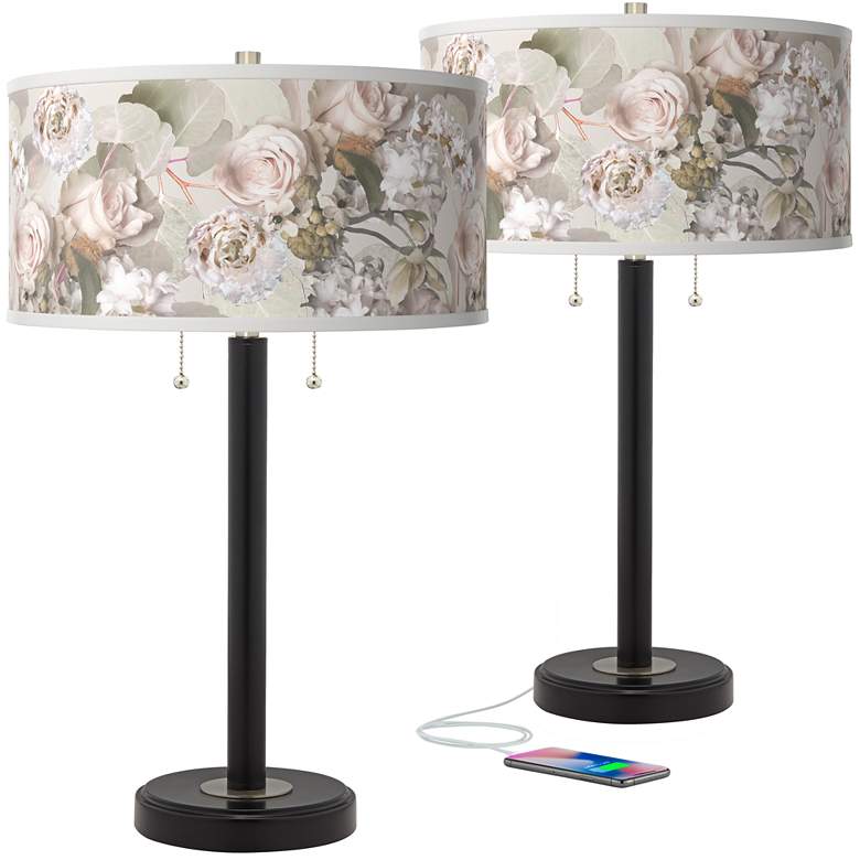 Image 1 Giclee Glow Arturo 25" Rosy Blossoms Shade USB Table Lamps Set of 2