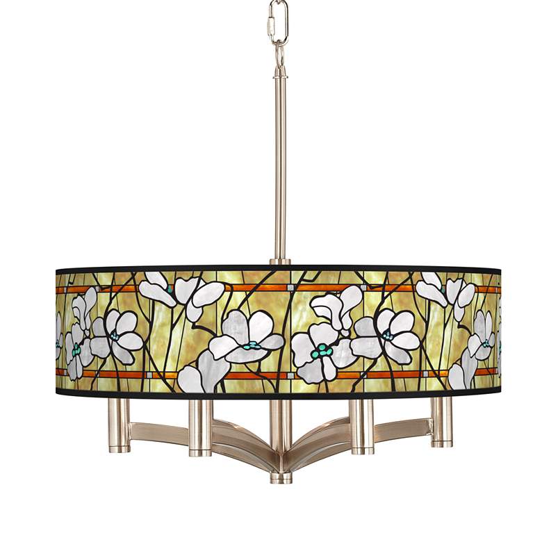Image 1 Giclee Glow Magnolia Mosaic 20" 6-Light Nickel Pendant Chandelier