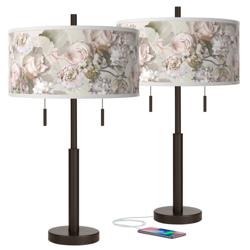 Giclee Glow Robbie 25.5&quot; Rosy Blossoms and Bronze USB Lamps Set of 2