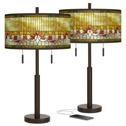 Giclee Glow Robbie Bronze USB Table Lamps with Lily Pattern Shades Set of 2