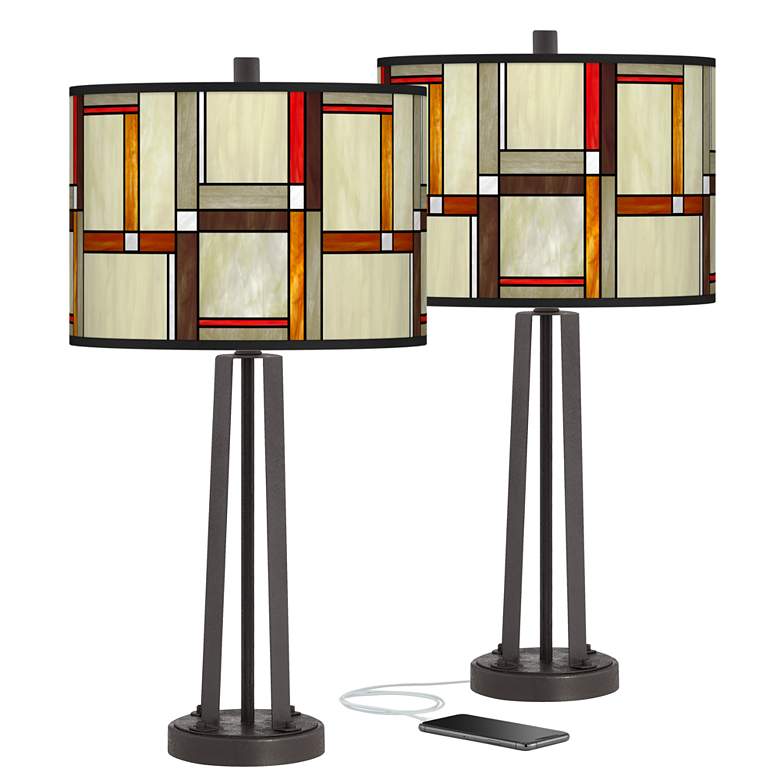 Image 1 Giclee Glow Susan 25 1/2" Modern Squares Bronze USB Lamps Set of 2