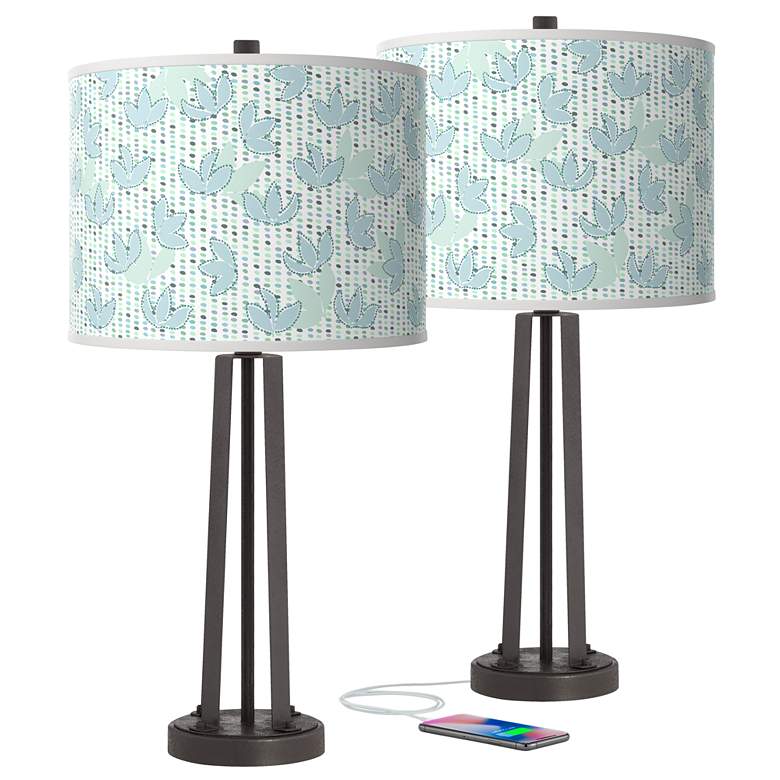 Image 1 Giclee Glow Susan 25 1/2 inch Spring Shade with Bronze USB Lamps Set of 2