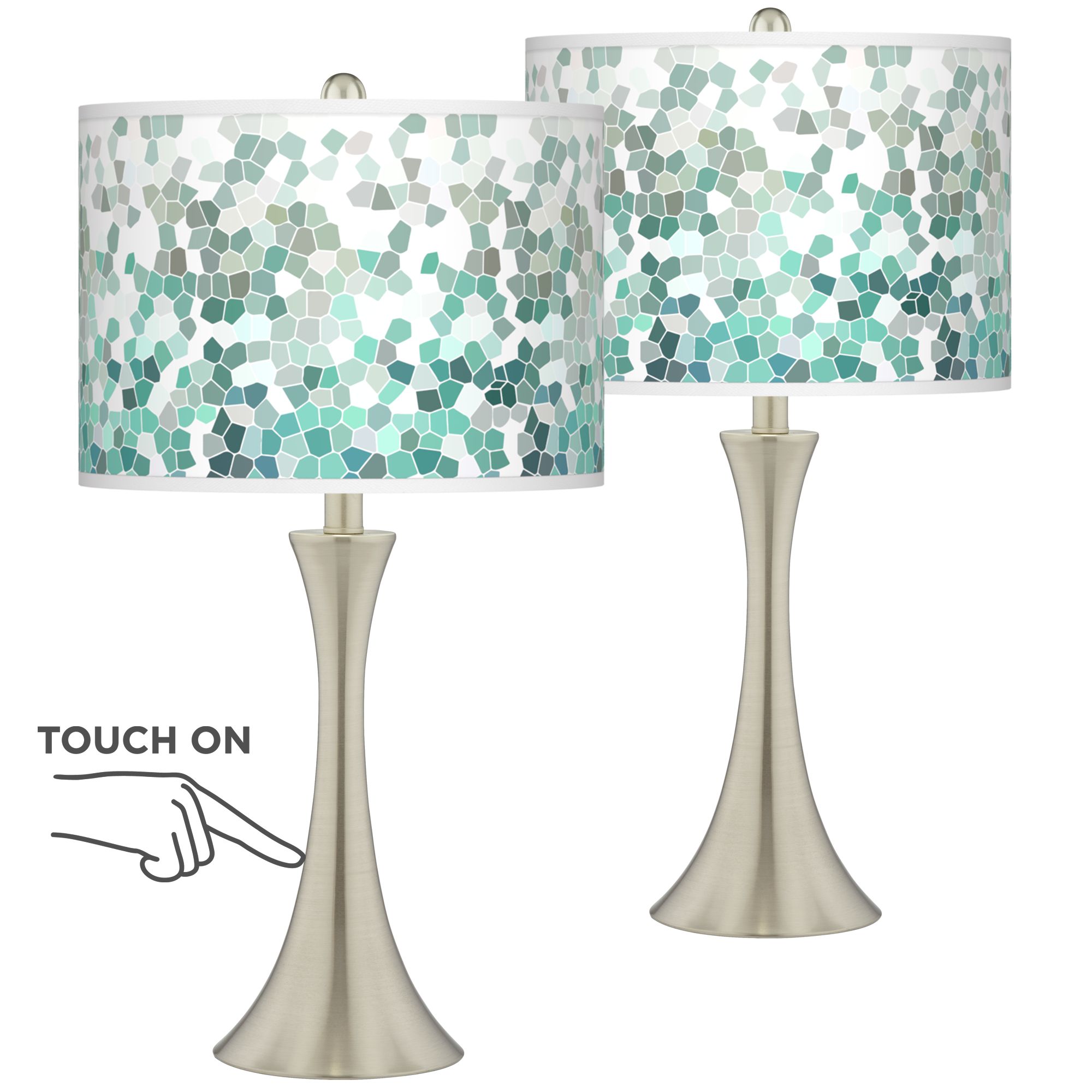 Giclee Glow Trish Aqua Mosaic Brushed Nickel Touch Table Lamps Set