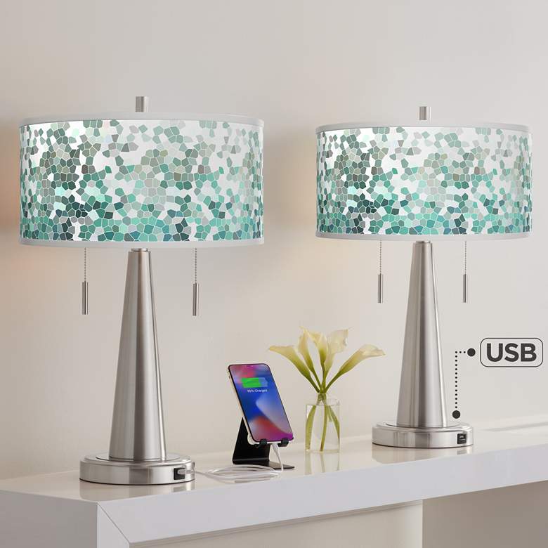 Image 1 Giclee Glow Vicki 23" Aqua Mosaic and Nickel USB Table Lamps Set of 2