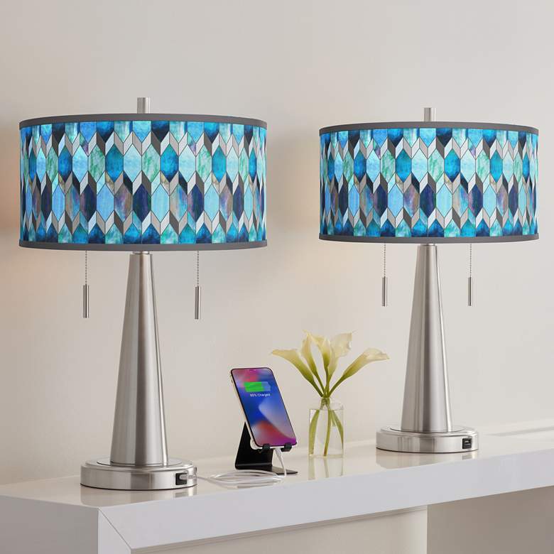 Image 1 Giclee Glow Vicki 23" Blue Mosaic Shade Nickel USB Lamps Set of 2