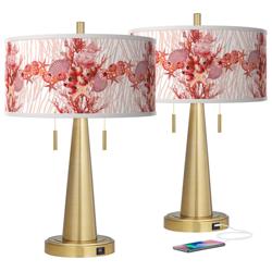 Giclee Glow Vicki 23&quot; Corallium Shade with Gold USB Lamps Set of 2
