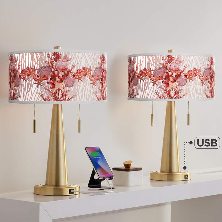 Image 1 Giclee Glow Vicki 23 inch Corallium Shade with Gold USB Lamps Set of 2