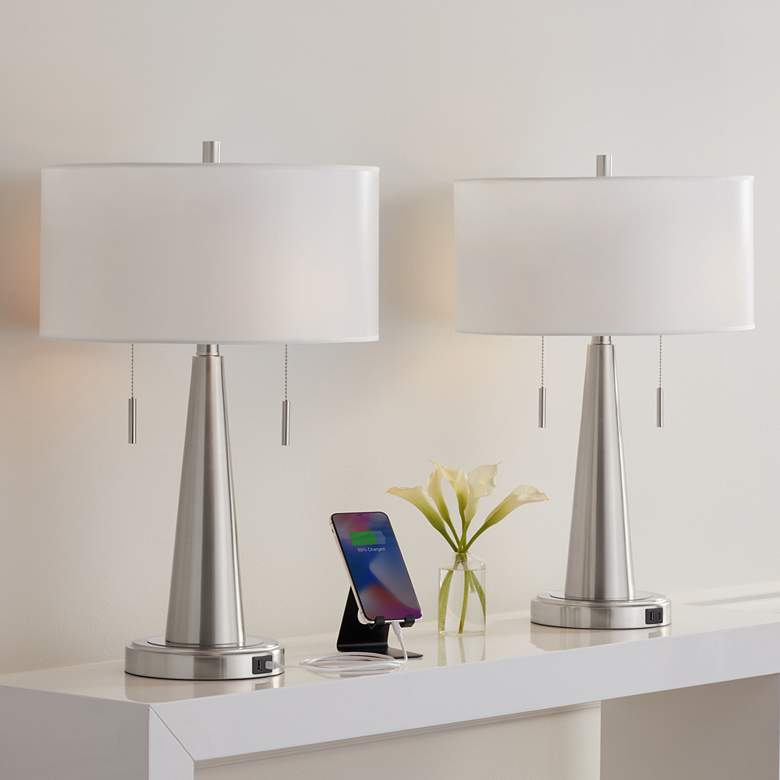 Image 1 Giclee Glow Vicki 23" Modern Brushed Nickel USB Table Lamps Set of 2