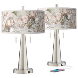 Giclee Glow Vicki 23&quot; Rosy Blossoms and Nickel USB Lamps Set of 2