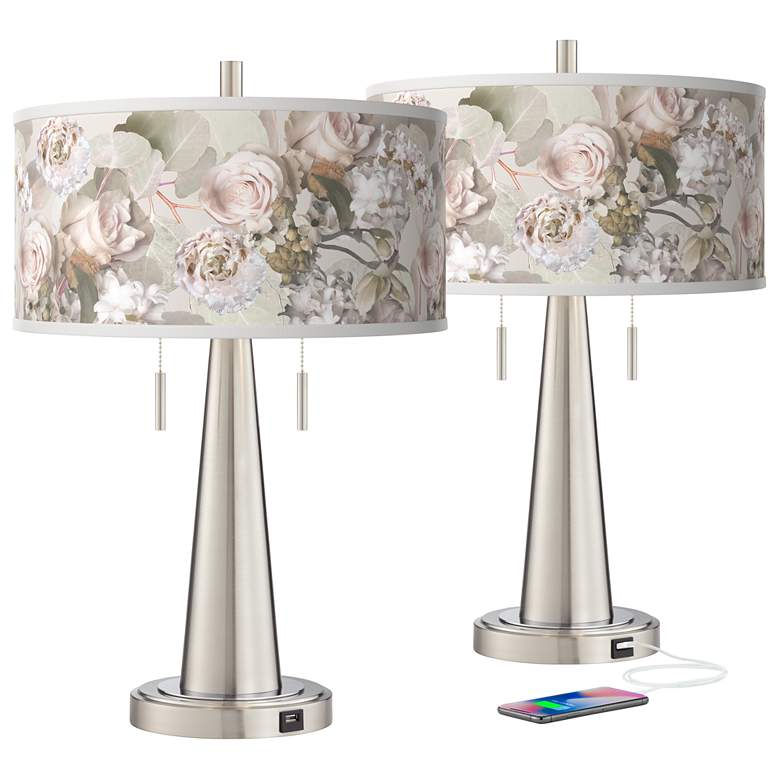 Image 2 Giclee Glow Vicki 23" Rosy Blossoms and Nickel USB Lamps Set of 2