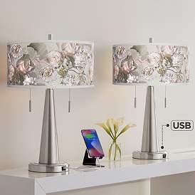Image1 of Giclee Glow Vicki 23" Rosy Blossoms and Nickel USB Lamps Set of 2