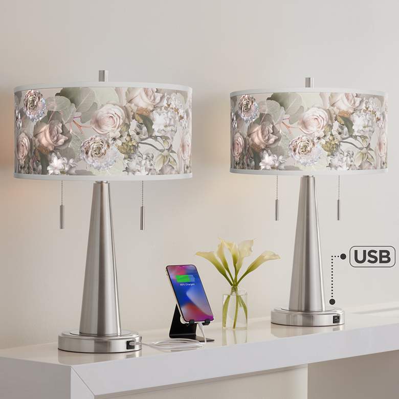 Image 1 Giclee Glow Vicki 23 inch Rosy Blossoms and Nickel USB Lamps Set of 2