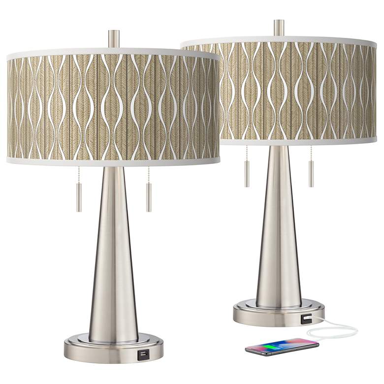 Image 2 Giclee Glow Vicki 23" Swell Shade with Nickel USB Table Lamps Set of 2