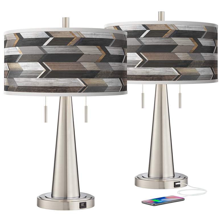 Image 2 Giclee Glow Woodwork Arrows Vicki Brushed Nickel USB Table Lamps Set of 2