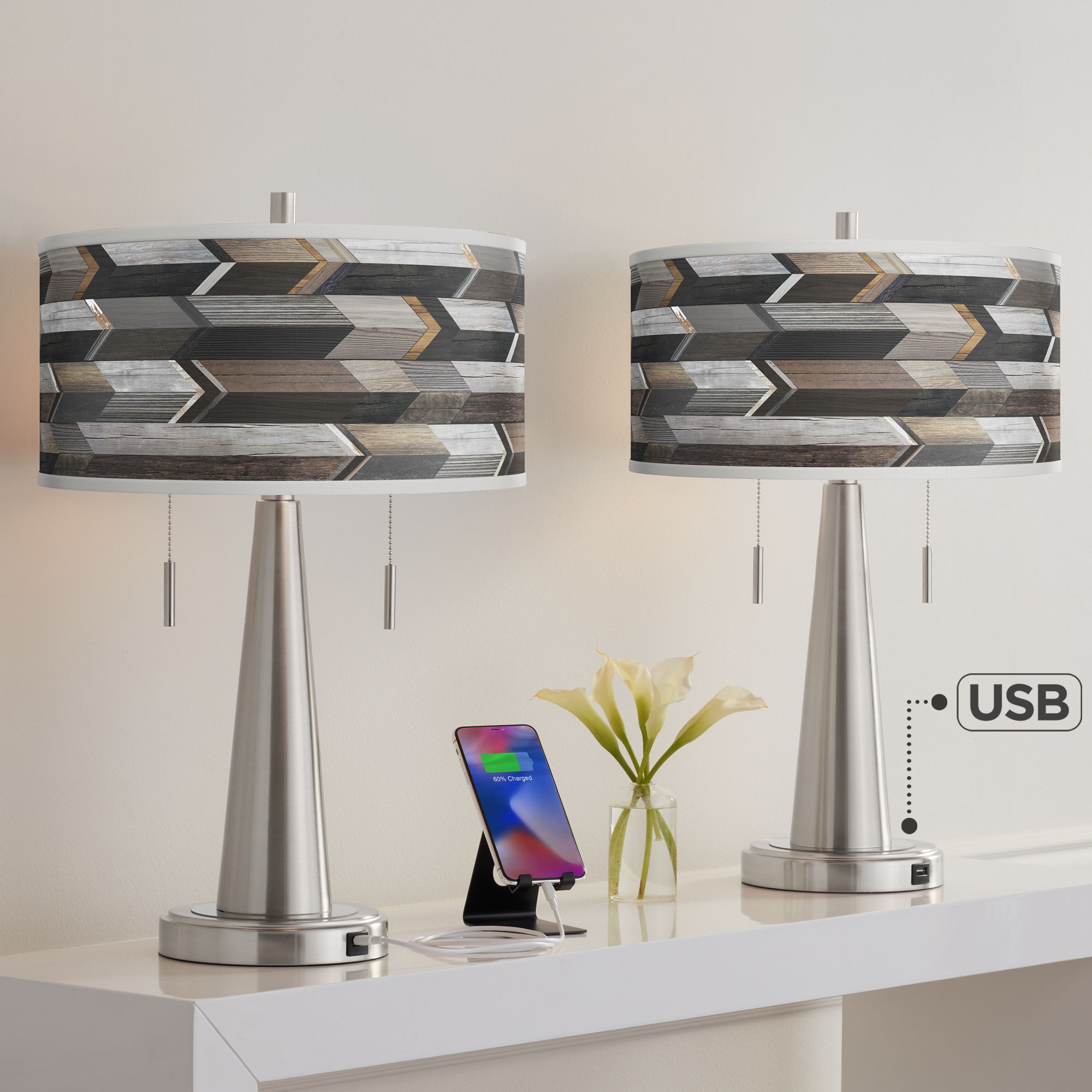 Giclee Glow Woodwork Arrows Vicki Brushed Nickel USB Table Lamps Set of 2