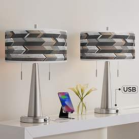 Image1 of Giclee Glow Woodwork Arrows Vicki Brushed Nickel USB Table Lamps Set of 2