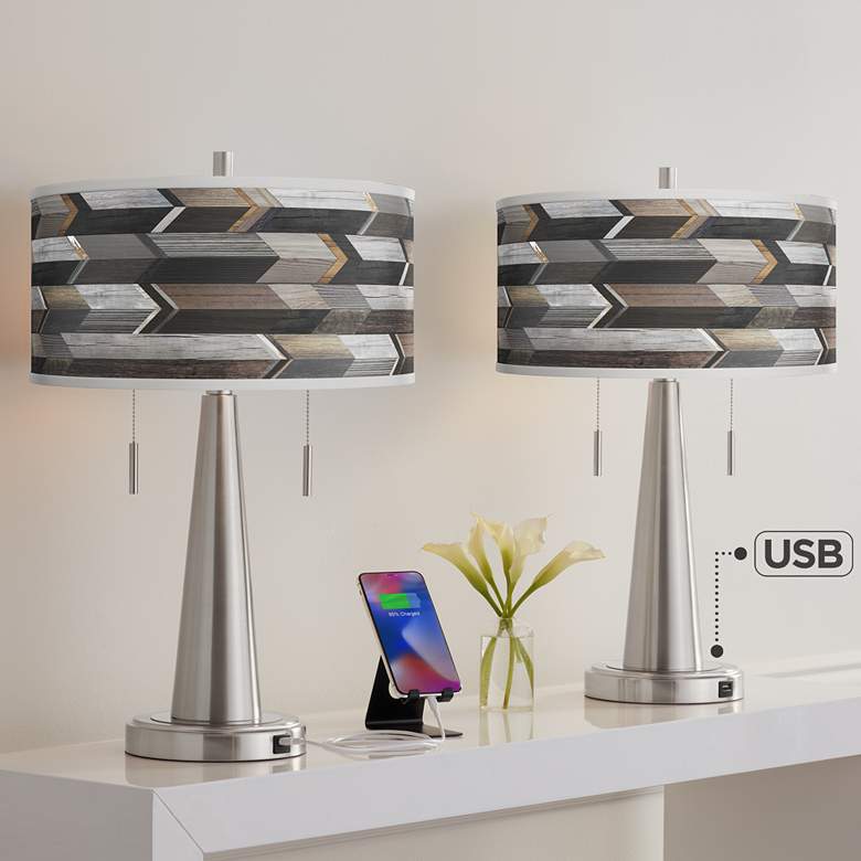 Image 1 Giclee Glow Woodwork Arrows Vicki Brushed Nickel USB Table Lamps Set of 2