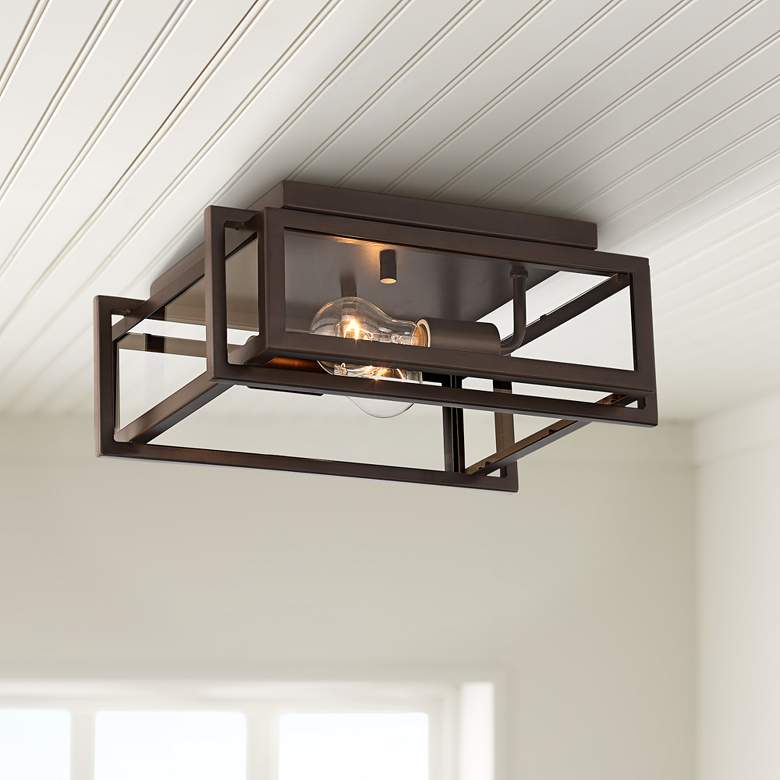 Image 1 Gilfrey 14" Wide Oil-Rubbed Bronze Square 2-Light Ceiling Light