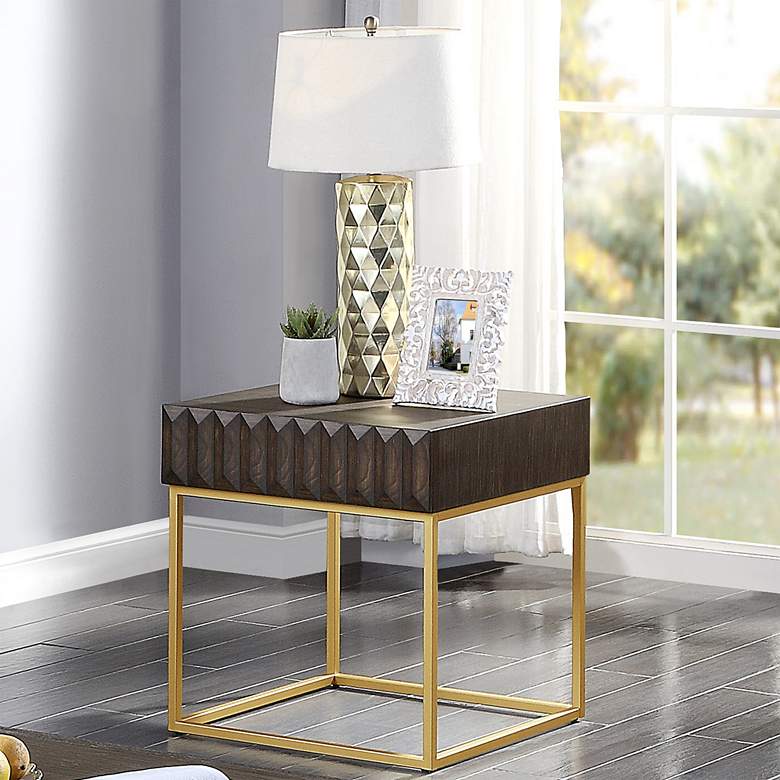 Gilhame 23&quot; Wide Walnut Wood and Gold Metal Square End Table