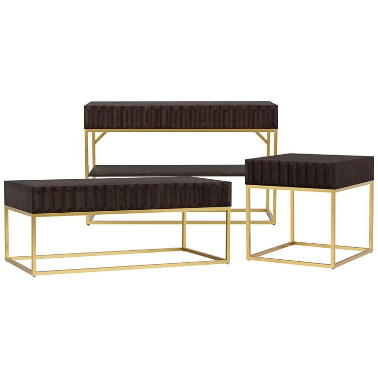Image 2 Gilhame Walnut Wood and Gold Metal 3-Piece Coffee Tables Set