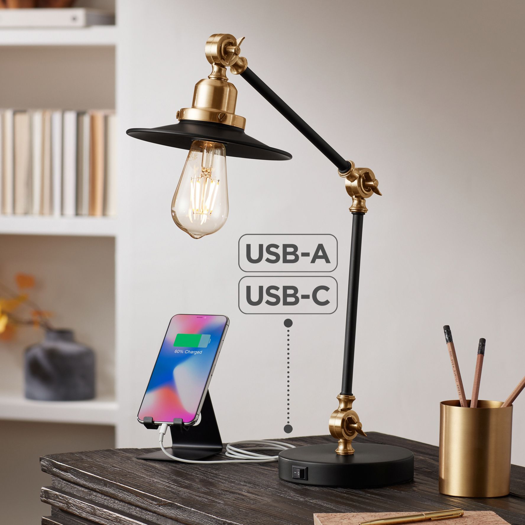 Gilmore Black and Gold Adjustable Desk Lamp with USB Ports in scene