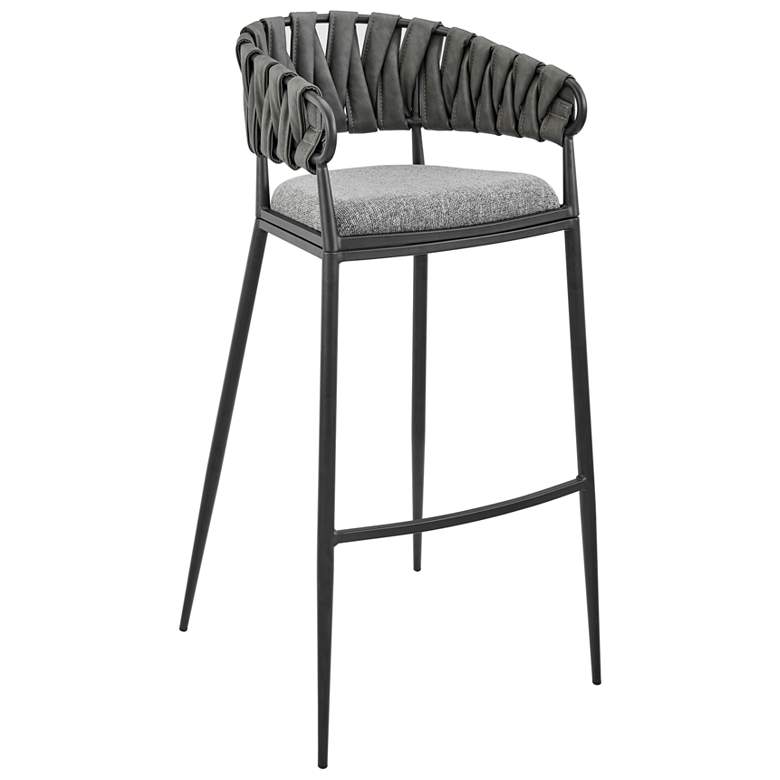 Image 1 Giovanni 30 in. Barstool in Gray Fabric and Faux Leather, Black Metal