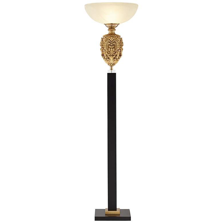Image 1 Giovanni Gold Leaf and Gloss Black Torchiere Floor Lamp