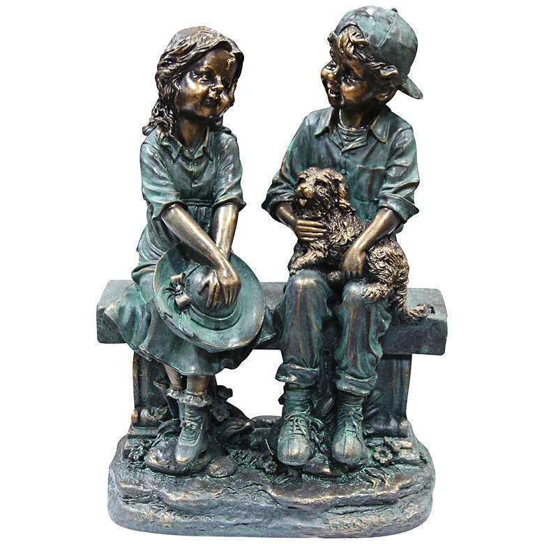 Image 1 Girl and Boy on Bench with Puppy 16 inch High Outdoor Statue