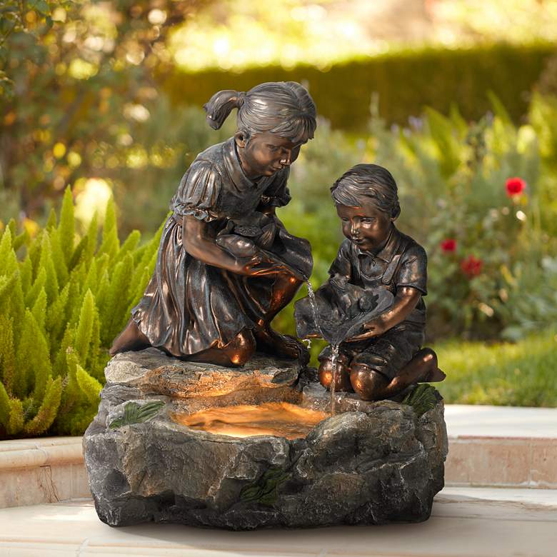 Image 1 Girl and Boy with Lily Pad 23 1/2 inch High Lighted Fountain