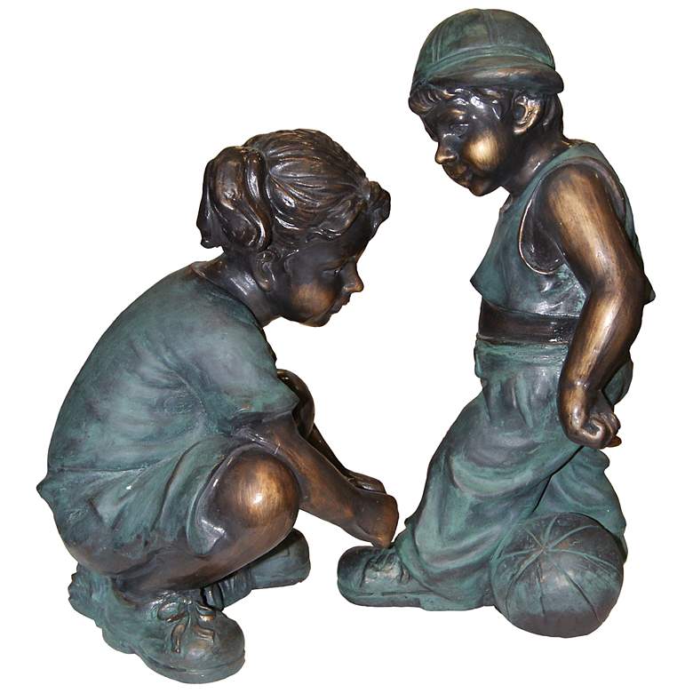 Image 1 Girl Tying Boy&#39;s Shoes 19 inch High Outdoor Statue
