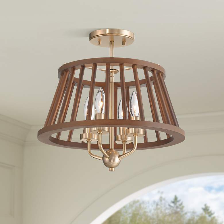 Image 1 Givens 15 3/4"W Satin Bronze and Wood 4-Light Ceiling Light