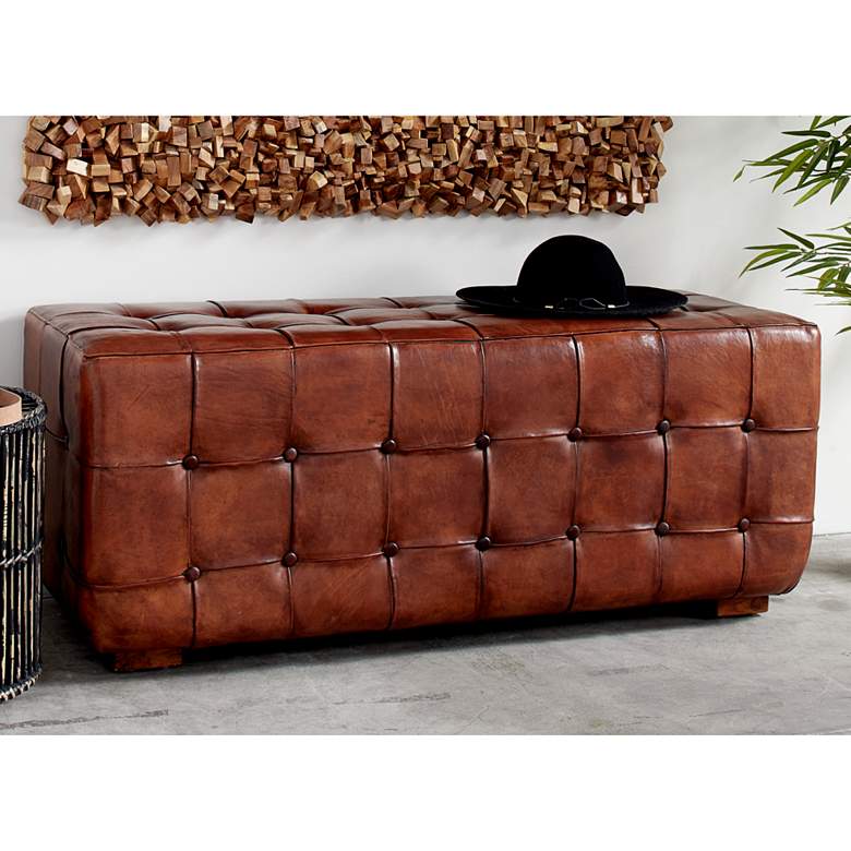 Image 1 Gladys 48" Wide Brown Cow Leather Rectangular Tufted Bench